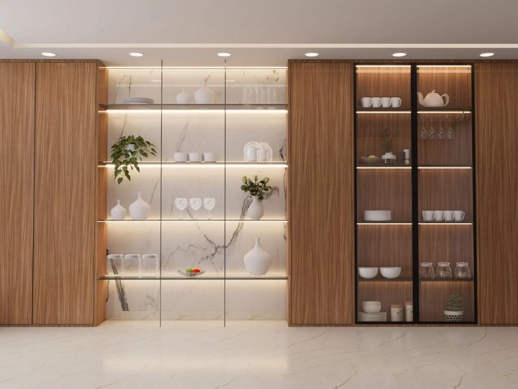 Glass-front crockery display unit